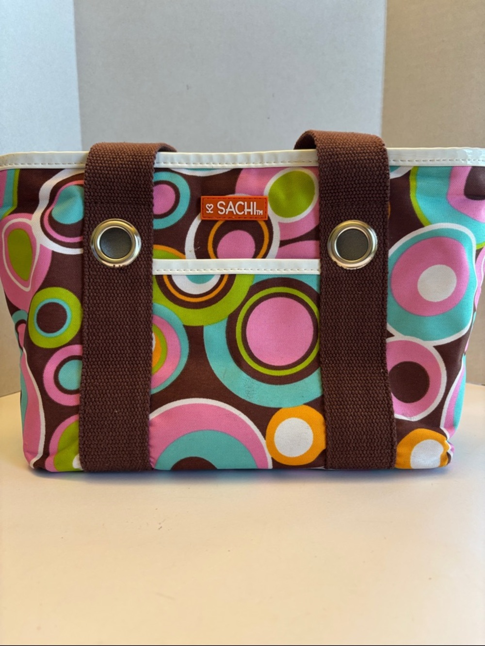 SACHI Canvas Insulated Tote with Pink, Teal & Lime Circle Print NWOT
